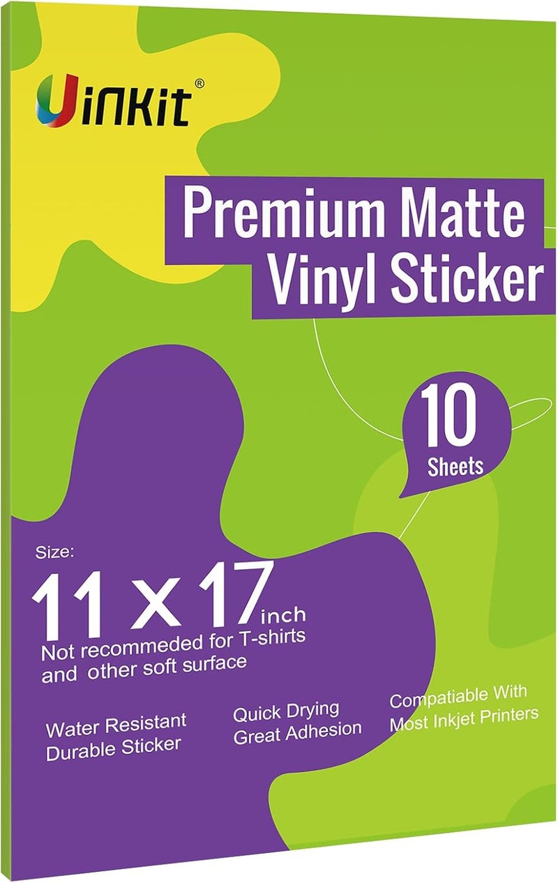 Uinkit Printable Premium Vinyl Sticker for Inkjet Printer 11x17 inch 10Sheets Matte White Sticker Paper Waterproof Adhesive Vivid Colors - Image 1